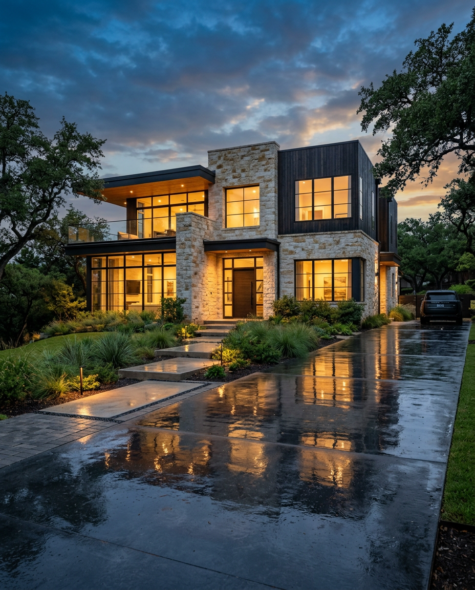 Luxury Houston home exterior illuminated at dusk