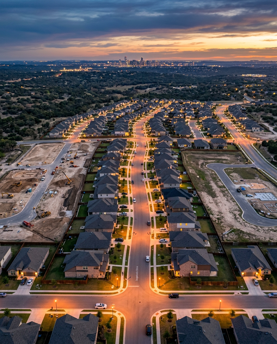 Modern residential development with completed homes and paved streets