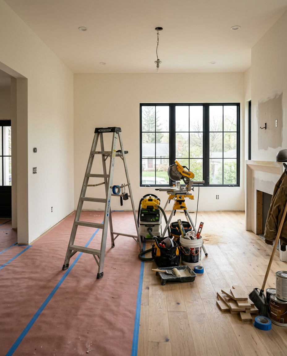 Interior renovation in progress with new drywall and hardwood flooring