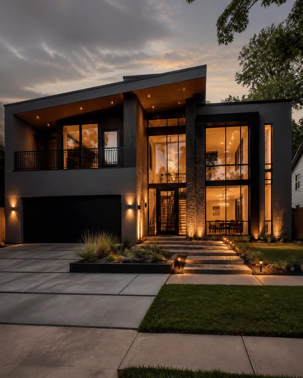 Modern luxury new construction home in Houston illuminated at dusk