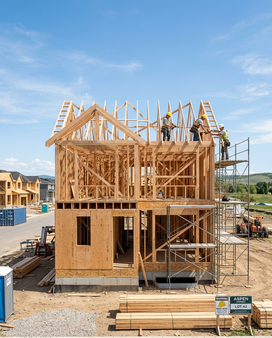 New residential construction framing under a clear Texas sky