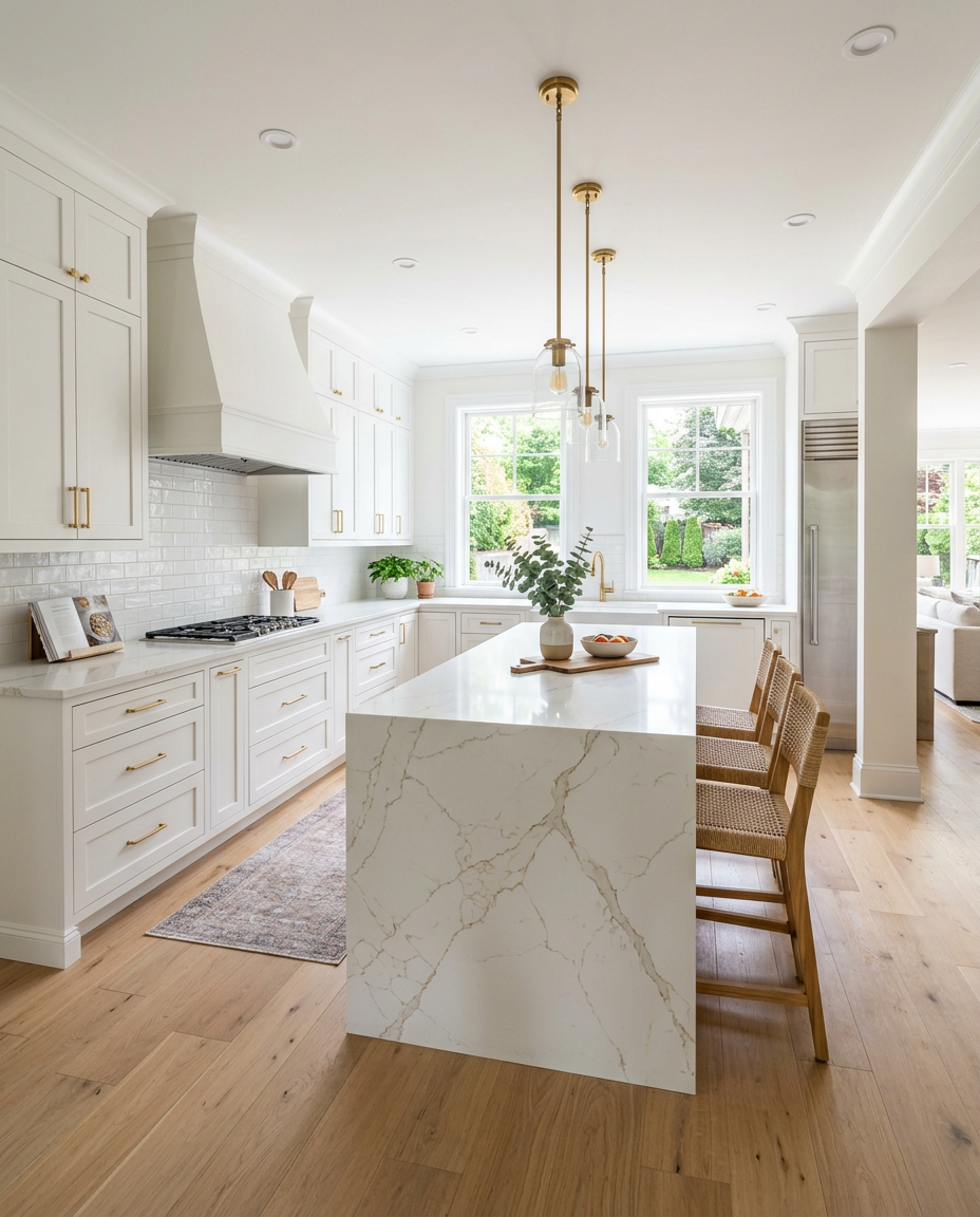 Bright renovated kitchen with quartz counters and gold fixtures