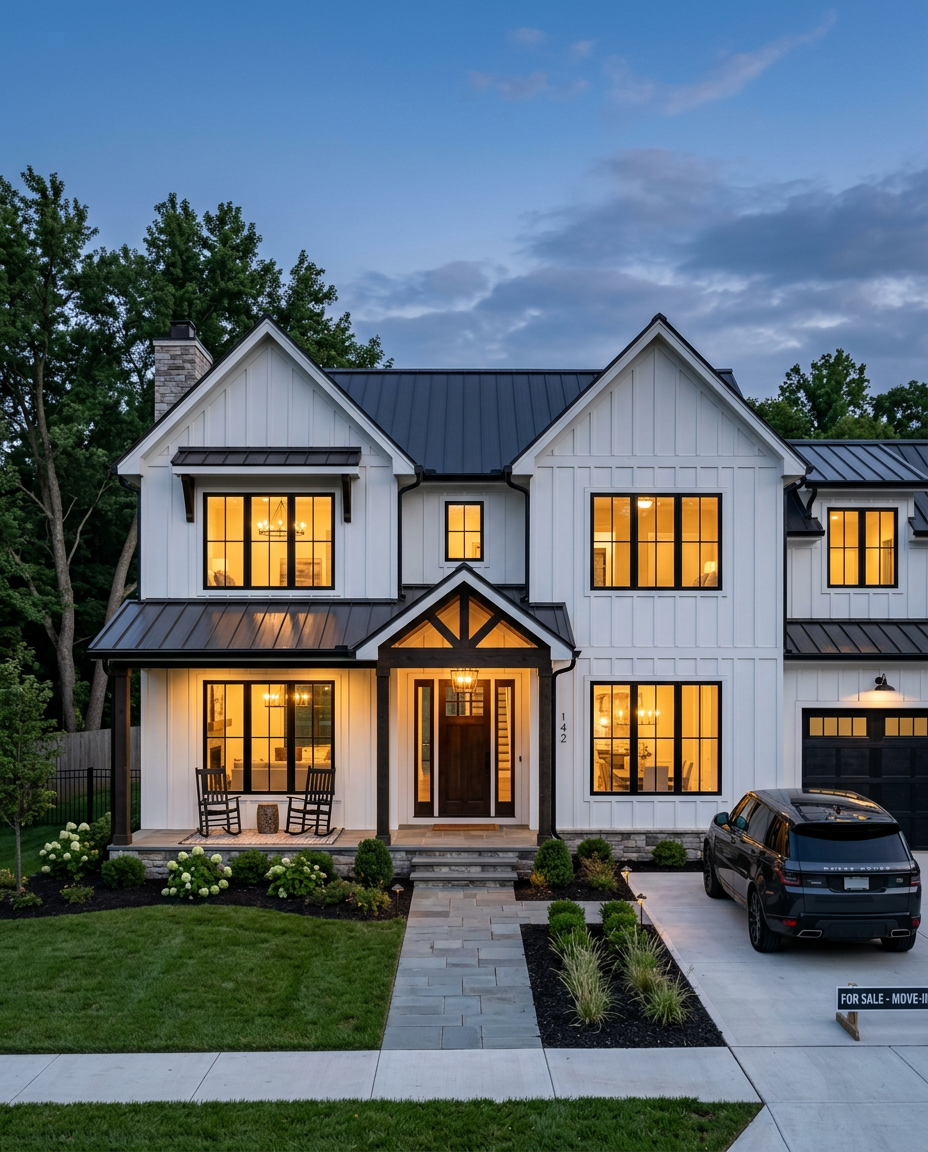 Modern farmhouse exterior with black windows and stone accents