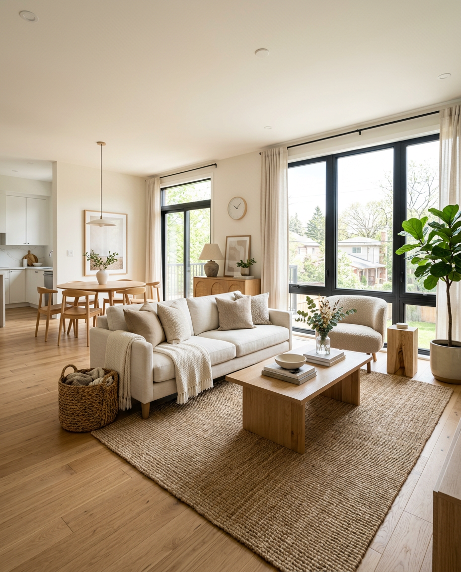 Open concept living room with warm wood floors and natural light
