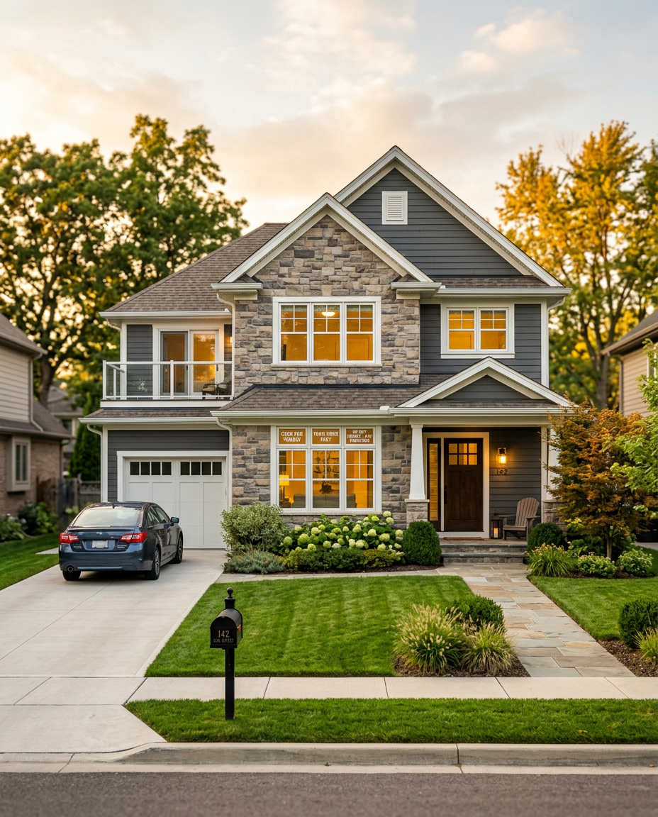 Suburban Houston brick home with a manicured lawn at golden hour